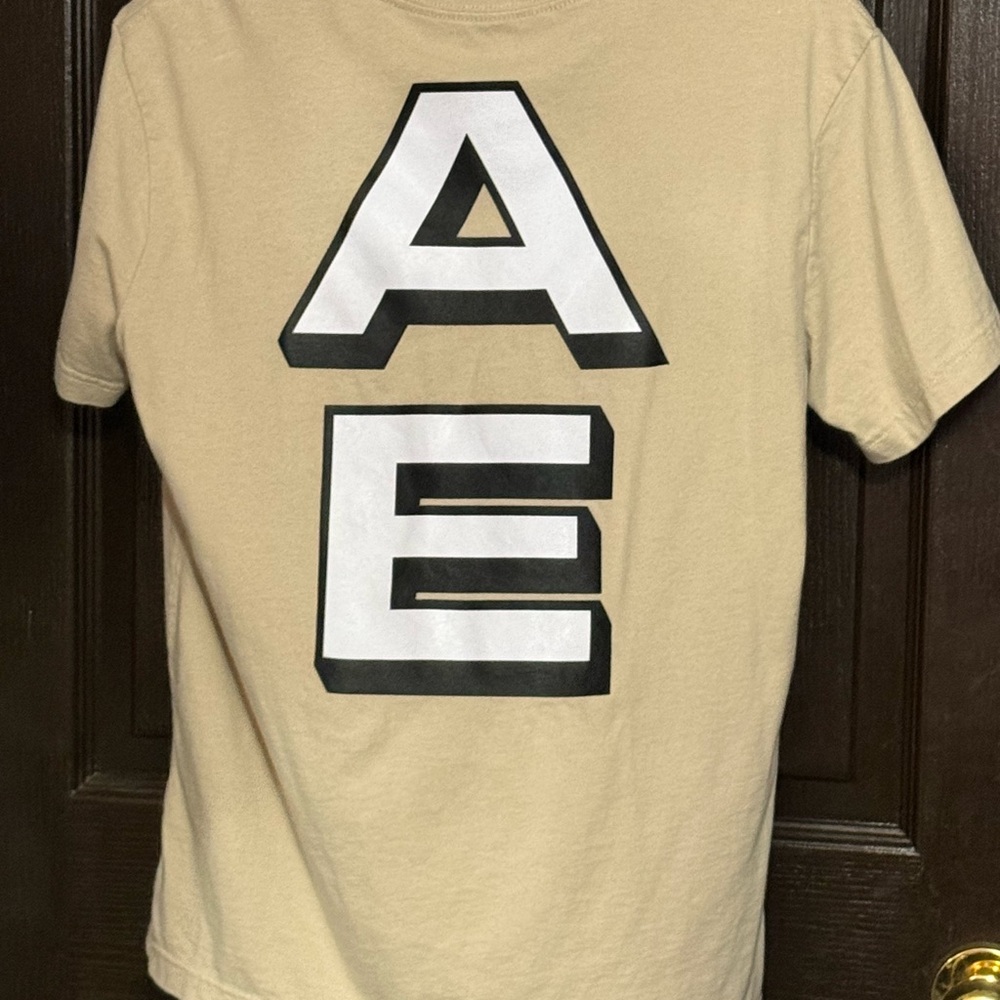 American Eagle Outfitters Tan T-Shirt with Black and White AE Logo